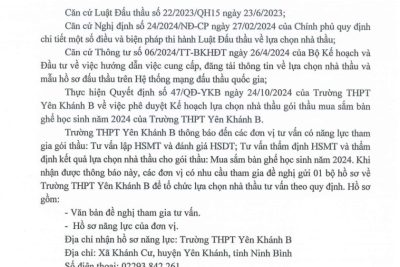 V/v mời đơn vị tham gia tư vấn lập HSMT, đánh giá HSDT và thẩm định HSMT, thẩm định kết quả lựa chọn nhà thầu.